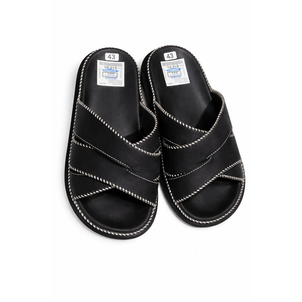 Mens Black Leather Slippers with Stitch Detailing